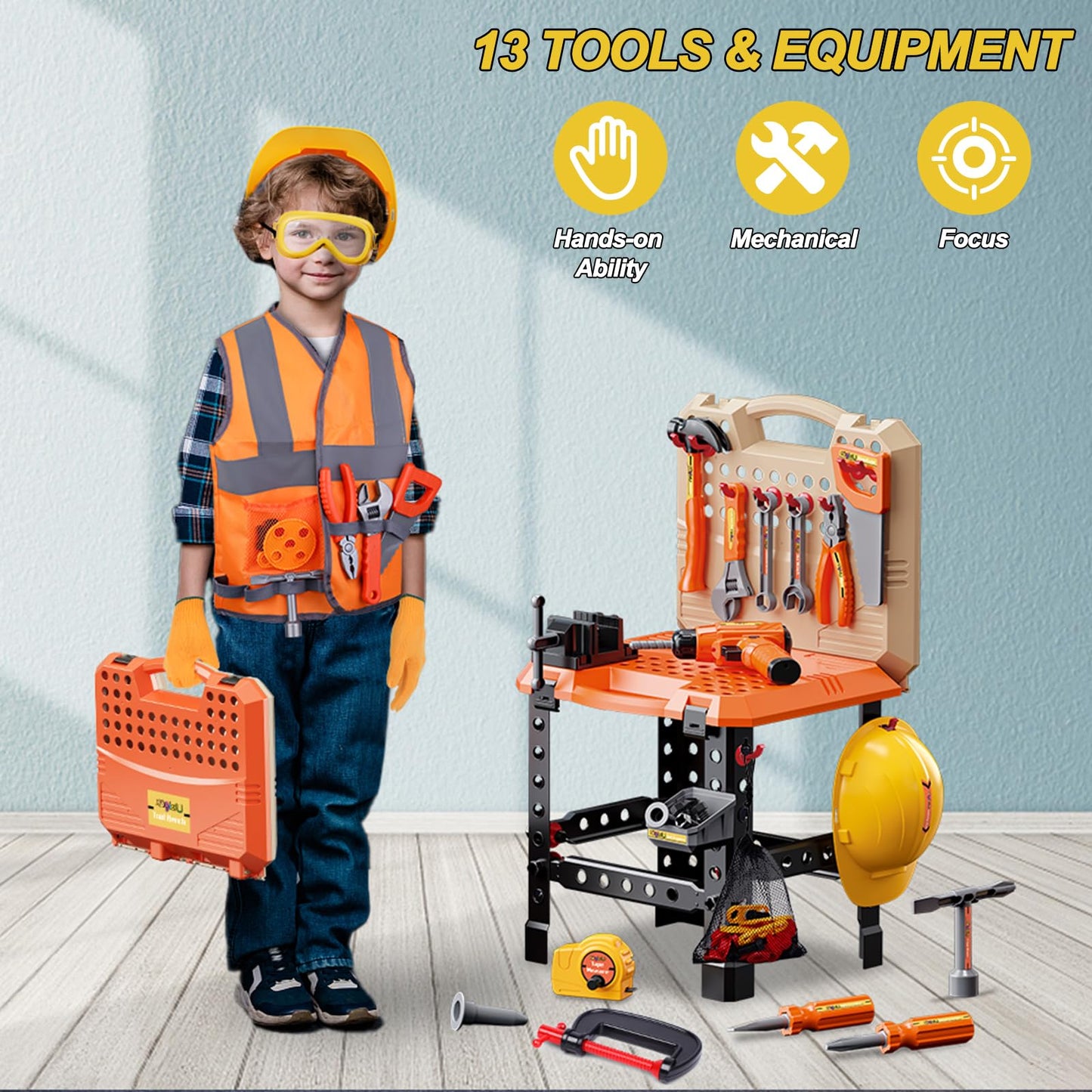Kids Tool Bench Set,MAGIC4U 95PCS Toddler Tool Workbench with Electronic Drill 13 Tool Equipements,Safety Vest & Hat,Pretend Pla