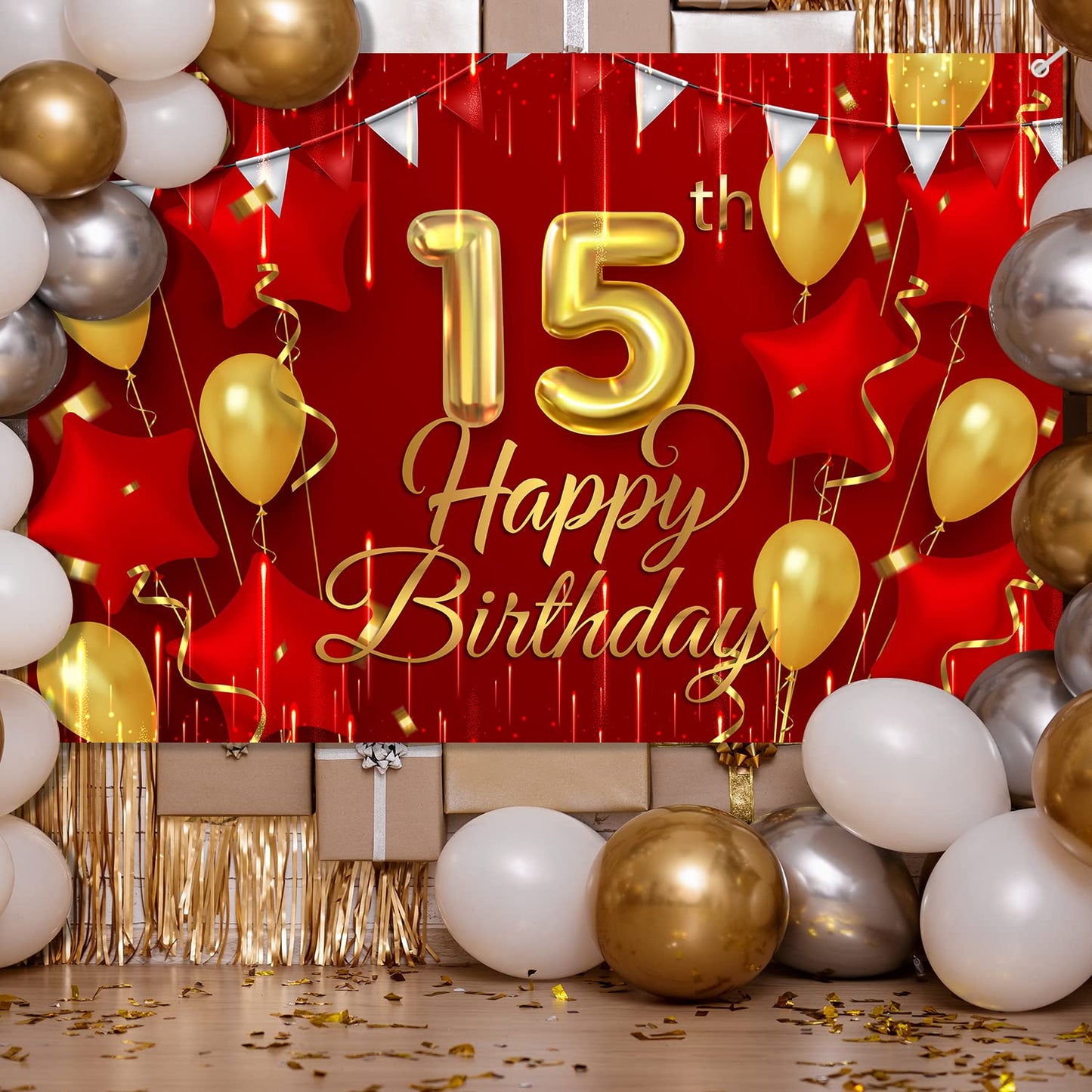 15Th Birthday Backdrop Banner Decorations Red And Gold For Boys Girls Happy 15 Years Old Bday Background Photography Party Decor Sign Supplies