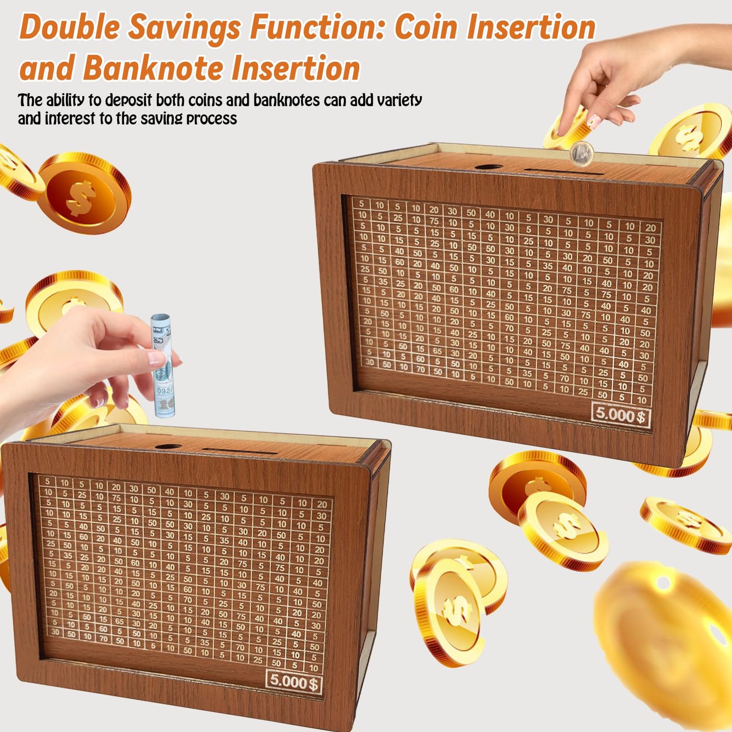 Money Box With Counter, Retro Reusable Wooden Money Box Money Jar Coin Cash Box Piggy Bank With Numbers Ticks For Adults And Chi
