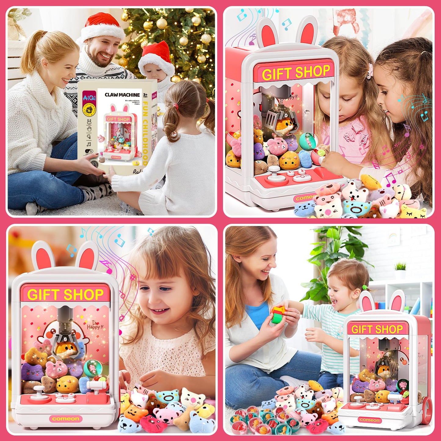 AIQI Kids Claw Machine Mini Candy Vending Grabber Prize Dispenser Toys for Girls and Boys Electronic Claw Game Machine for Party Birthdays with Lights Sound Includes 20 Plush and 10 Mini Toys