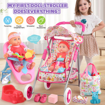 YIYBM Baby Doll Stroller Set for Girls 3-6, Includes 12.5" Doll, Dining Chair, 20 Accessories, Pink, Realistic Pretend Play