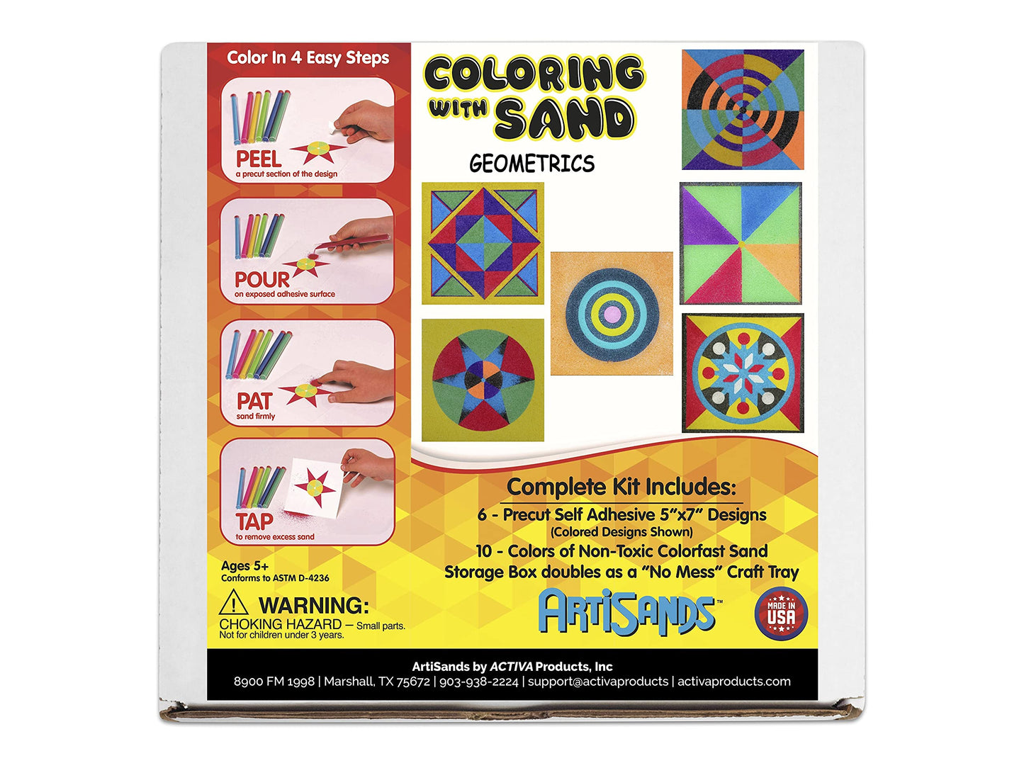 Activa ArtiSands Geometric Sand Art Board Craft Kit, 6 Designs & 10 Sand Colors | Includes Storage Box Craft Tray