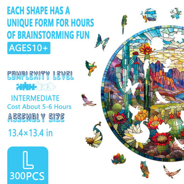 Wooden Jigsaw Puzzle for mature-themeds Stained Glass Cactus Wooden Puzzles for mature-themeds 300 Pieces Colorful Plant Succulent Wood Puzzles mature-themed Unique Shape Fun Gifts for Friend Home Decor(L -13.4*13.4in)