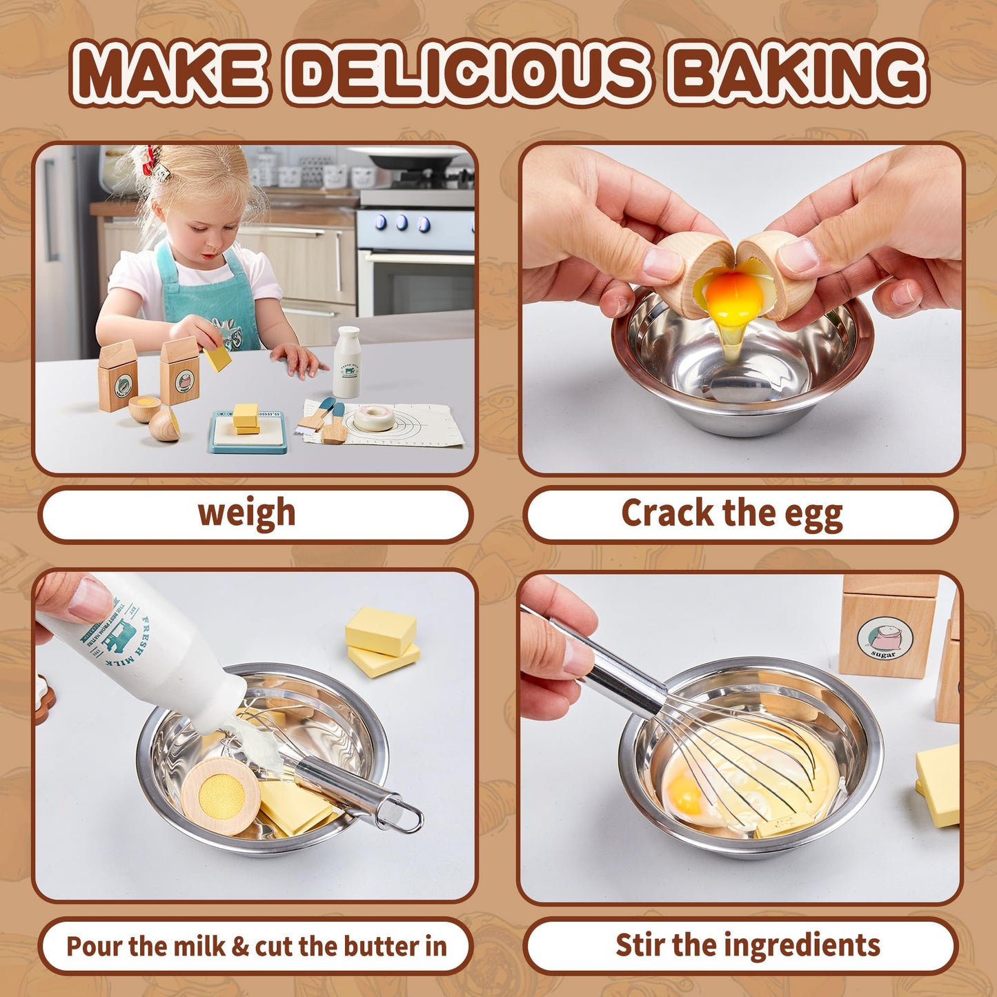 Toywoo Wooden Play Food Set for Kids - Pretend Kitchen Accessories with Shopping Bag & Cutting Toys, Gift for Ages 3-6, White/Brown/Pink