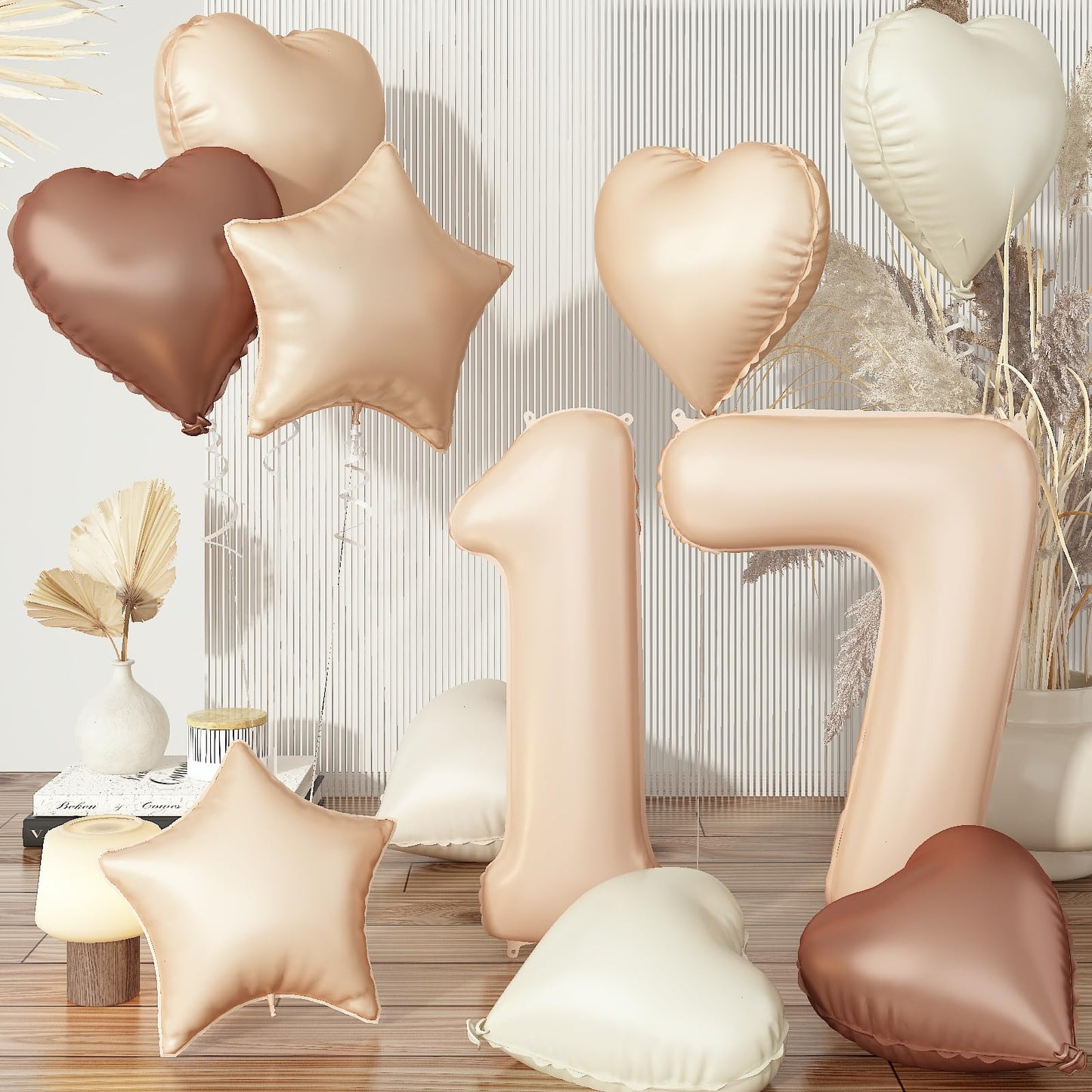 17Th Birthday Balloons Decor, Helium Apricot Beige 17 Balloon, Neutral Brown Tan White Sand Cream Heart Balloon Foil Nude Taupe