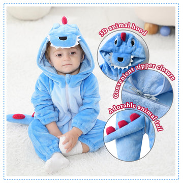 Tonwhar Unisex Baby Animal Halloween Costume Kid'S And Toddler'S Autumn Winter Outfits Jumpsuit(1-3 Months,Blue Dino)