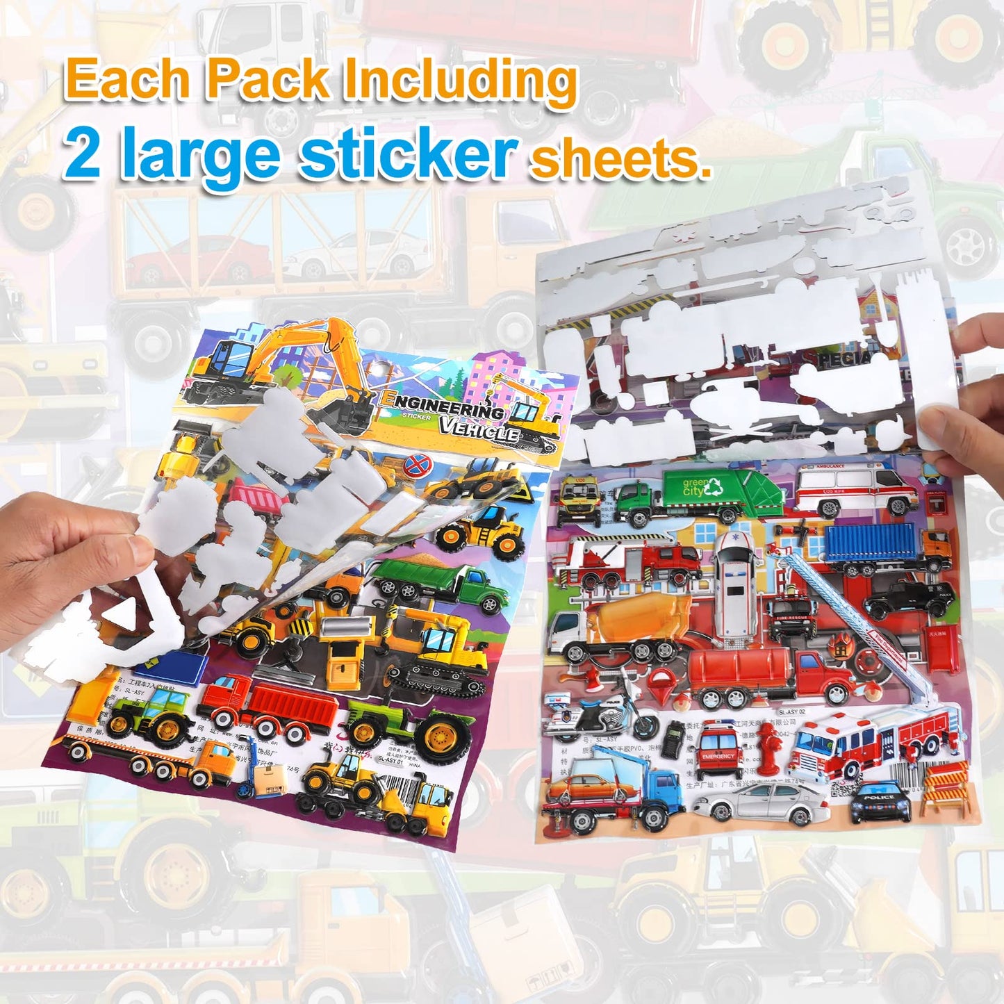 Shangrla Large Puffy Stickers Playset:Construction And Vehicle For Toddlers Boys Kids Travel Airplane Activities Reusable 3D Sticker With Trucks Tractor Police Car Fire Truck Ambulance,Puff Stickers.
