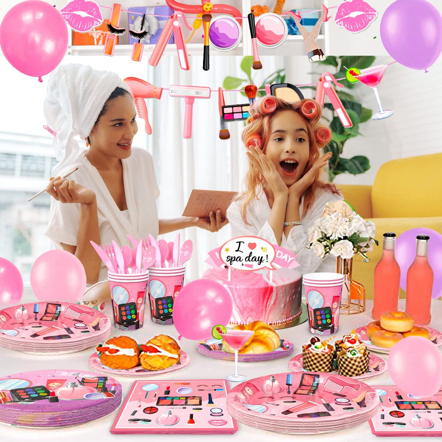 Makeup Birthday Party Supplies,165pcs Spa Party Decorations Set-Makeup Theme Party Decoration Plates Cups Napkins Banner Balloon