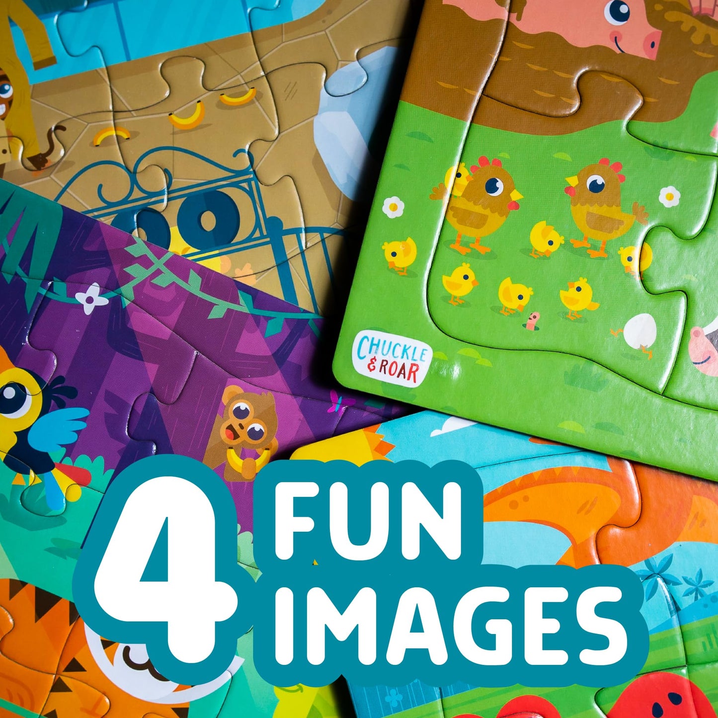 Chuckle & Roar - 4 Pack Tray Puzzles - Farm, Dinosaurs, Jungle, And Zoo - Larger Pieces Designed For Preschool Hands - 12 & 24 Pc Tray Puzzles