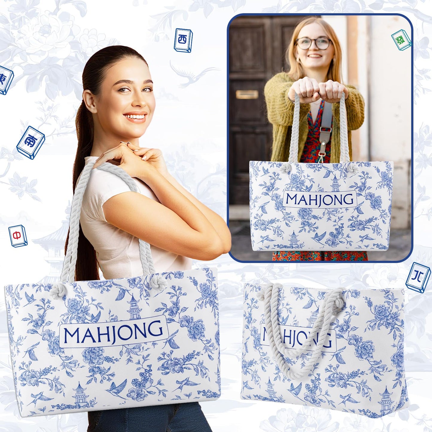Sunnymove Mahjong Tote Bag - Canvas, 24"x13"x4.7", Blue Chinoiserie Design, Perfect for Game Lovers and Daily Storage
