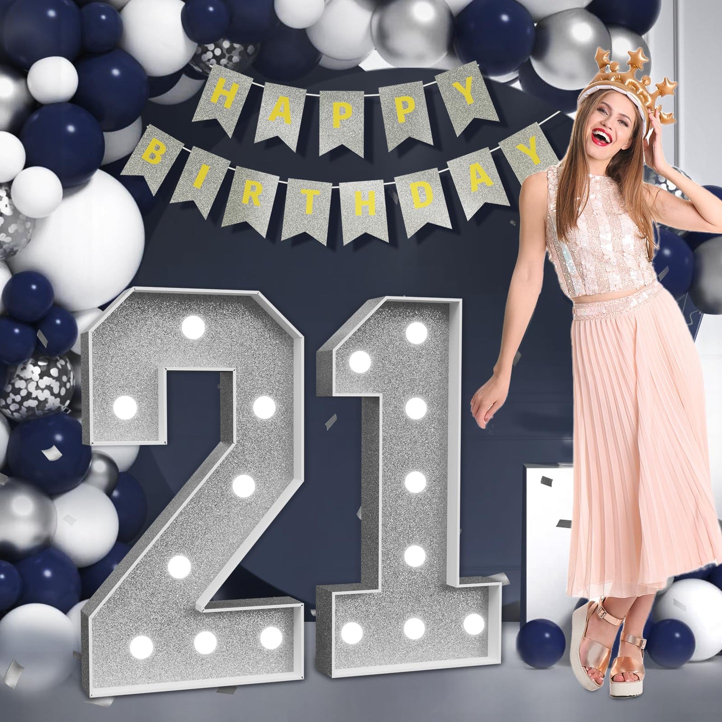 Imprsv Marquee Numbers Silver 21St-Birthday Decorations: Large 3Ft Light Up Number Grey 21 Birthday Decoration For Women Men Twe
