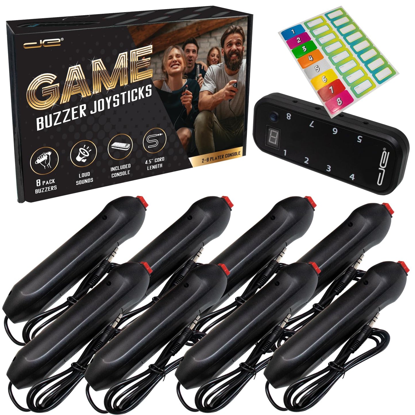 Digital Energy Handheld Buzzer Game System - Console Displays First Buzz-In - Great For Jeopardy, Family Feud, Trivia And Buzzer Games - Console With 8 Joystick Buzzers