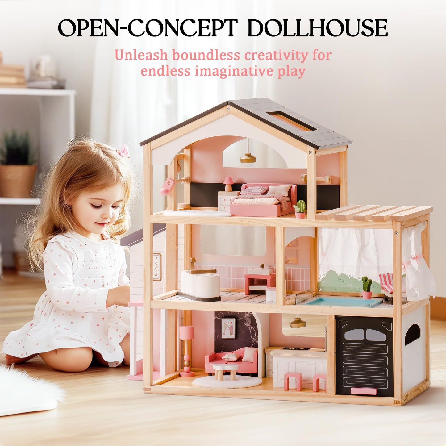 Robotime Wooden Dollhouse, Doll House With 29 Pieces Furniture Set - Pool And Elevator, Wooden Doll House For 4, 5, 6-Inch Dolls