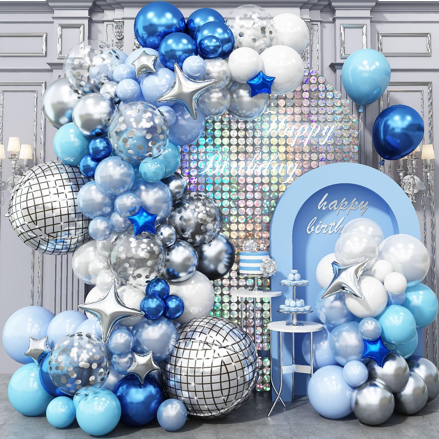 Blue Balloon Arch Kit, Blue And White Balloon Garland With 22 Inch Disco Ball Balloons Metallic Silver Star Foil Balloons, Silve