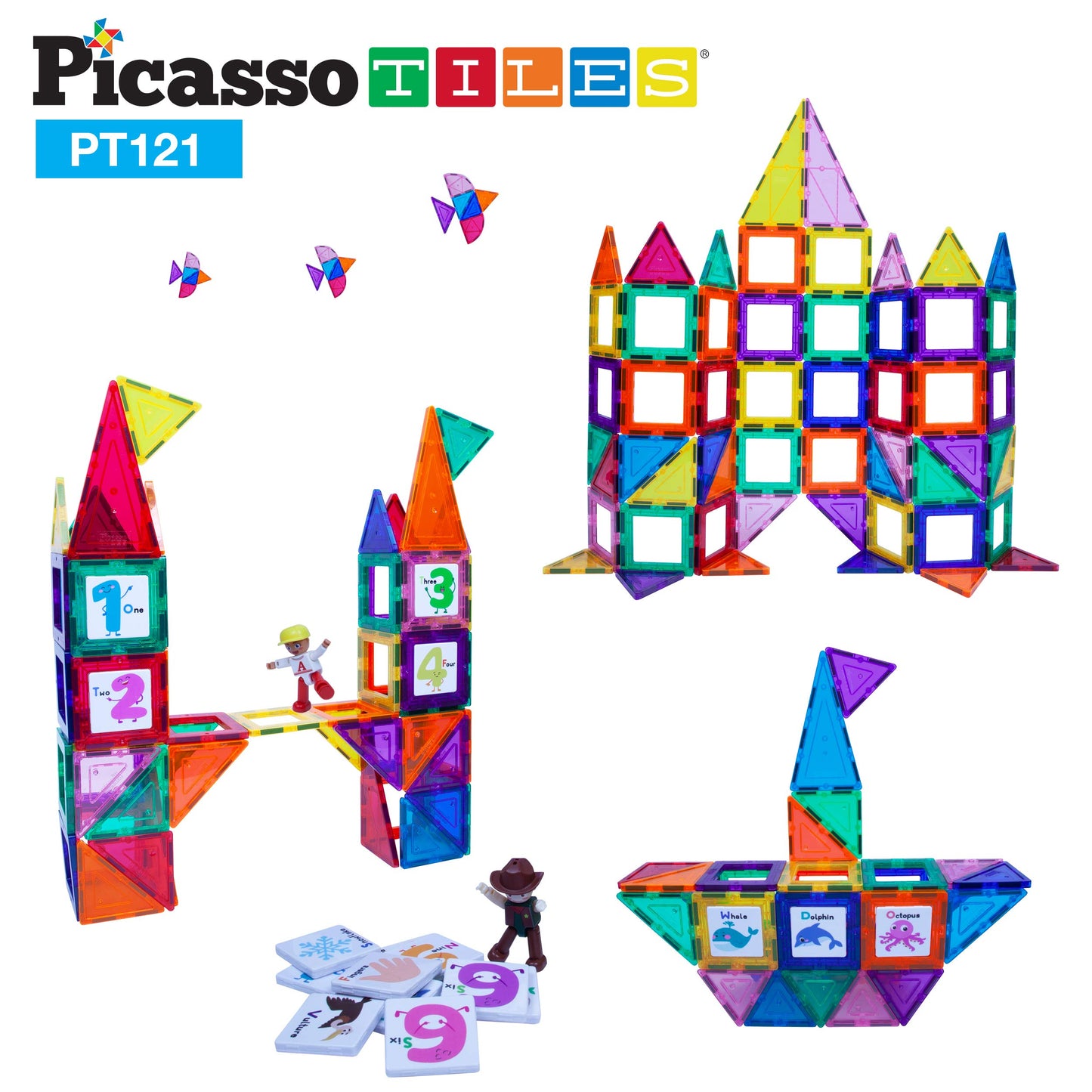 PicassoTiles 121 pc Master Builder Magnetic Building Block Construction Set Magnet Tiles Blocks with Car Truck, 2 Character Acti
