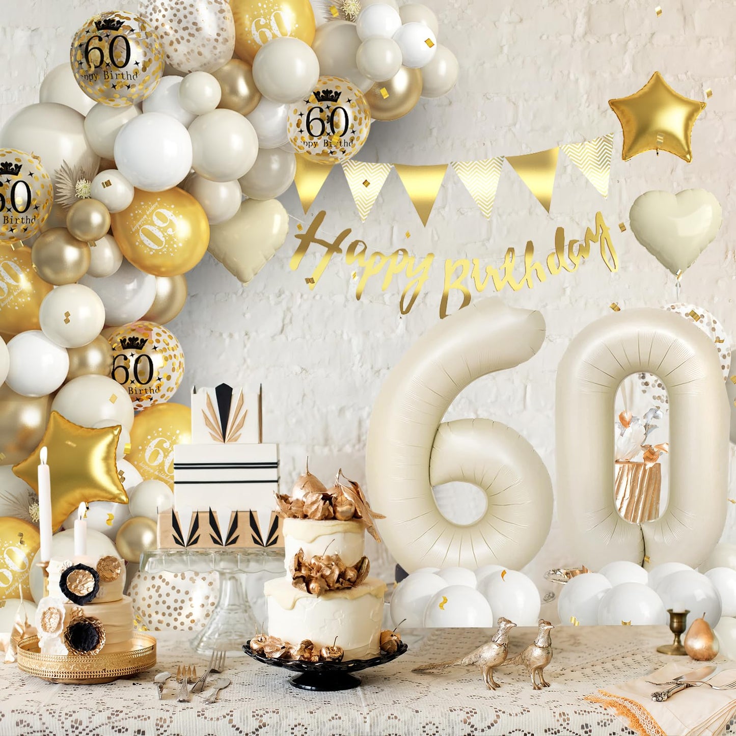 Dagelar 60th Birthday Decorations Kit - Sand White Gold Balloon Arch with Happy 60th Foil Balloons and Banner for Men and Women