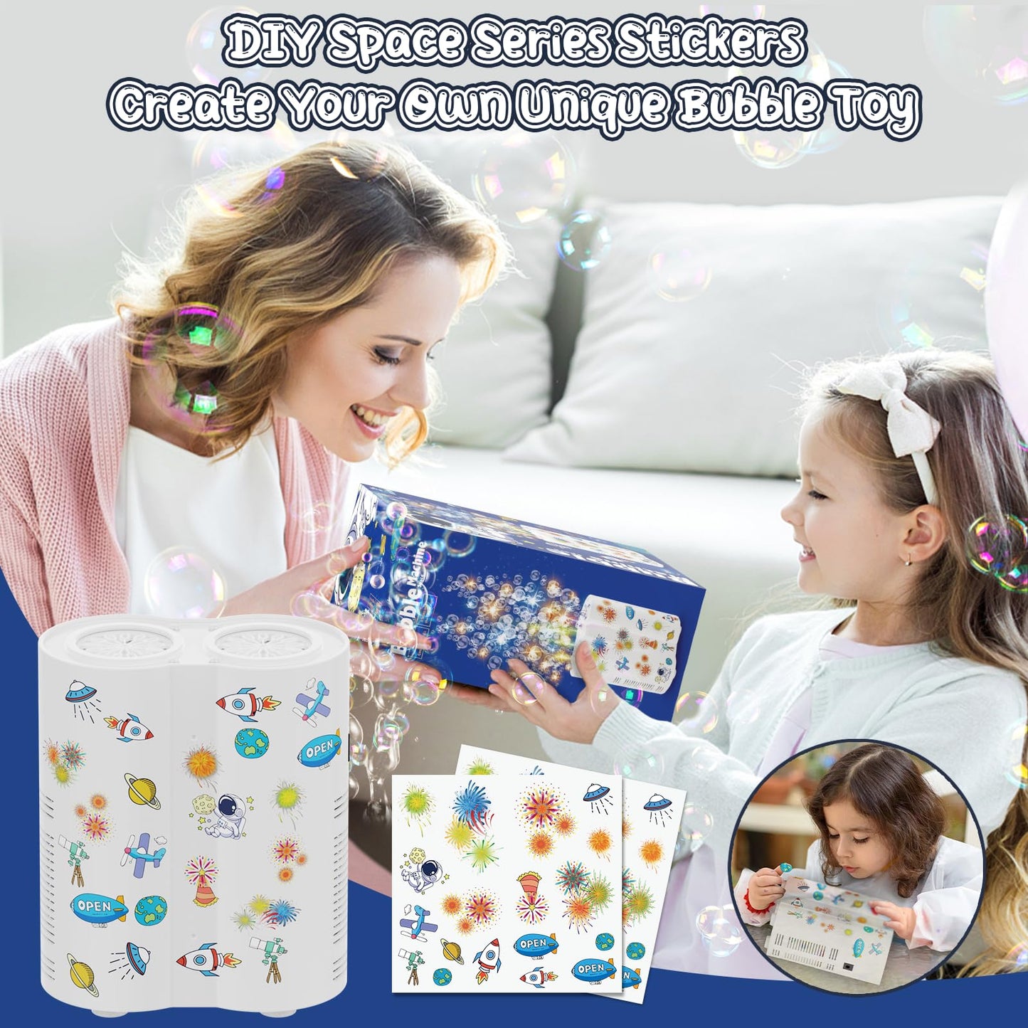 PANACARE Astronaut Soap Bubble Machine Bubble Machine for Kids 20000+ Bubble per Min/Lights/DIY Stickers/240ml Solution Automatic Bubble Toy for Kids Summer Outdoor Party Wedding