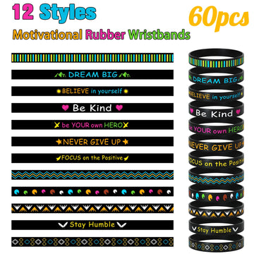Morcheiong 60 Pieces Motivational Rubber Wristbands Black Inspirational Quote Silicone Bands Unisex Style- 12 Designs