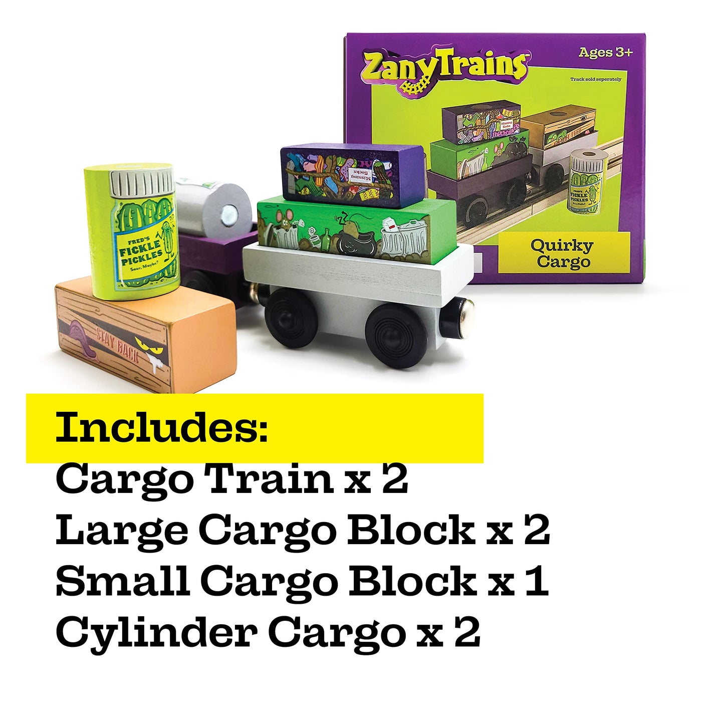 Zany Trains Series 1 - Wooden Train Set With Cargo - Compatible With All Wooden Train Sets - Wooden Train Cars (Quirky Cargo)