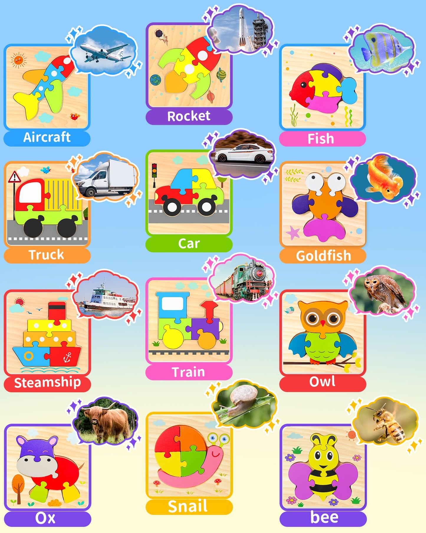 Wooden Puzzles Toddler Toys For 1 2 3 Years Old Boys Girls, 12 Vehicle Shape Learning Educational Blocks Birthday Gifts Sensory