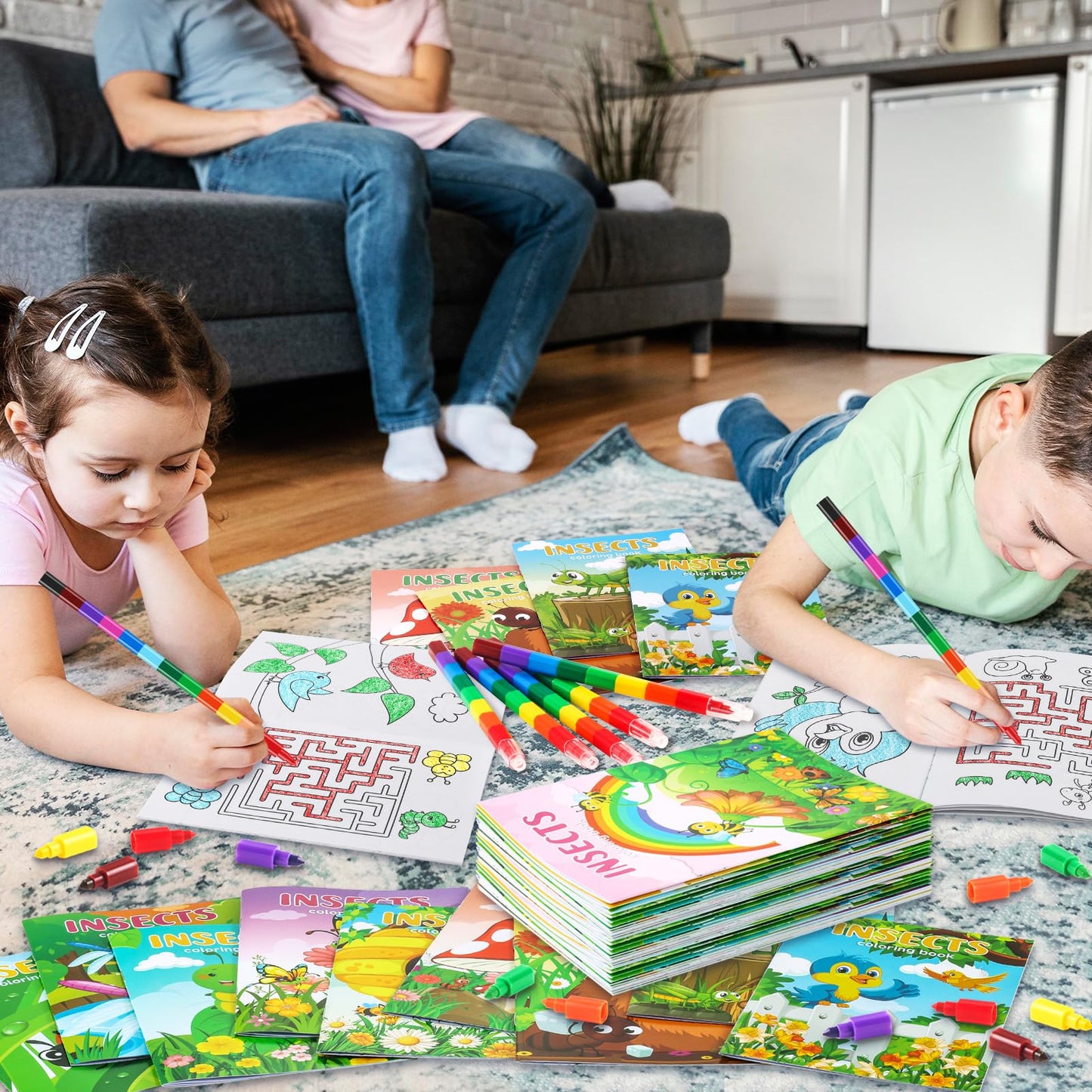 BenLouis 12 Insects Mini Coloring Books Kids with 12 Stacking Crayons Spring Bugs Party Favors Small Activity Books Bulk for Kid