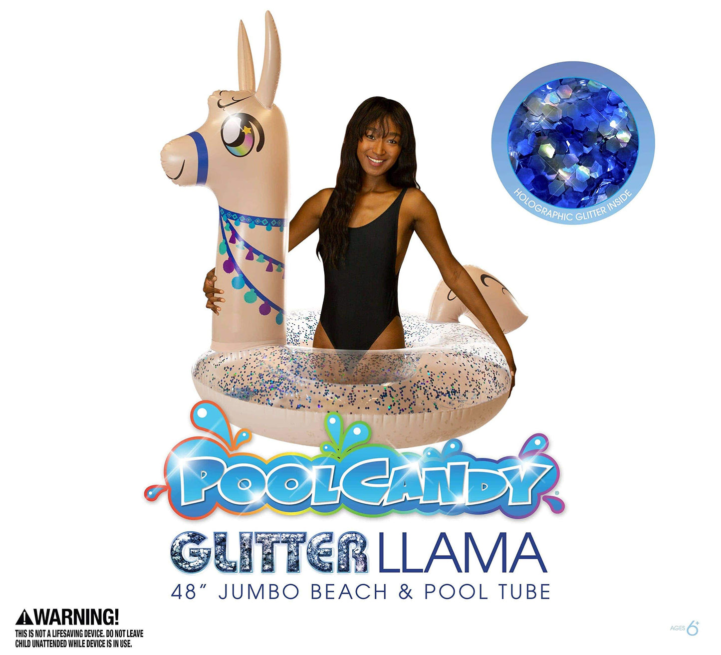 PoolCandy Inflatable Animal Pool Tubes & Swim Rings (Llama Glitter Filled 48 inch Pool Tube Swim Ring)