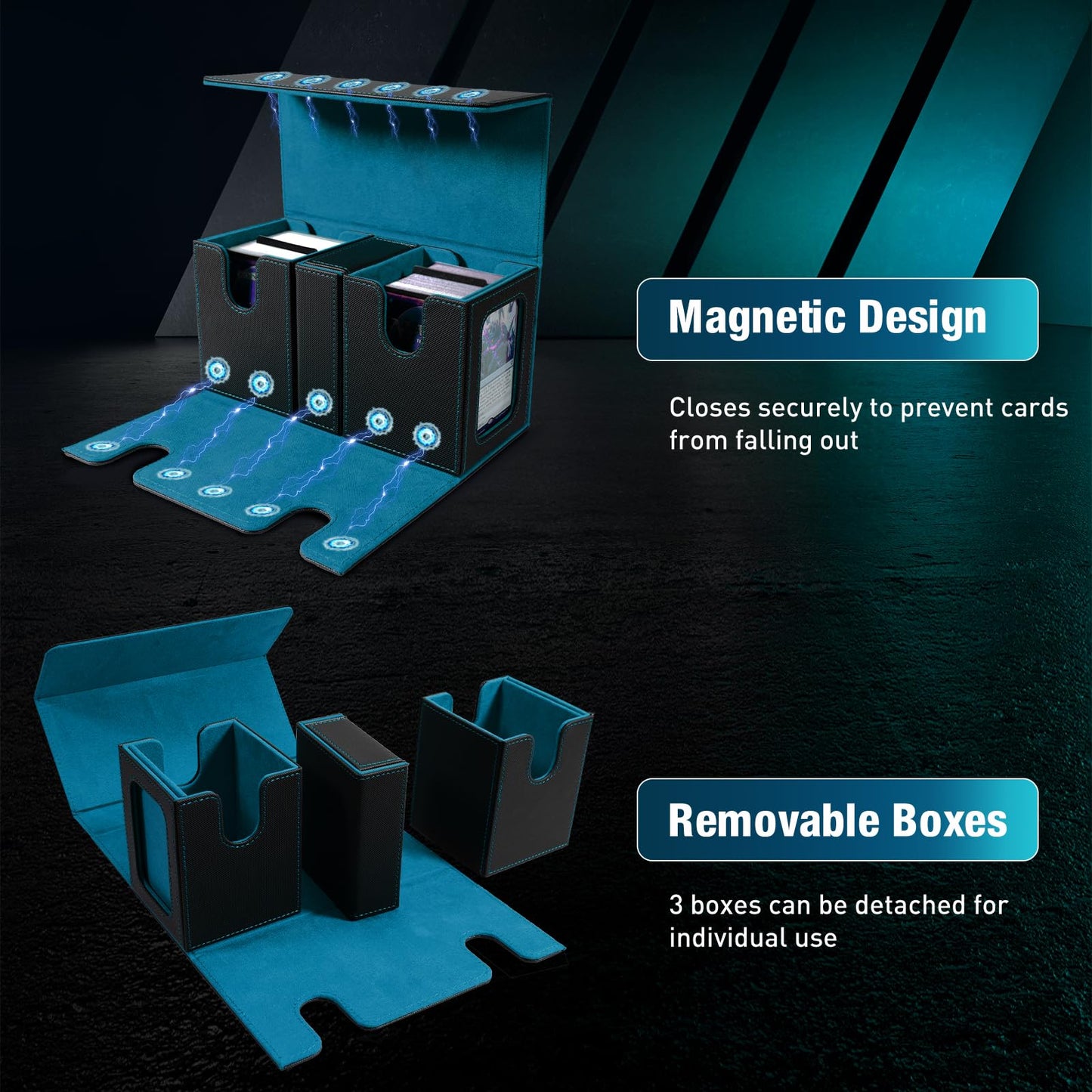 TiMOVO MTG Deck Box Commander Deck Case Fits 200+ Double-Sleeved Cards Magnetic Leather Card Storage Box with 2 Commander Display & 4Dividers & Dice Tray Fit YuGiOh TCG CCG Magic Cards Black Cyan