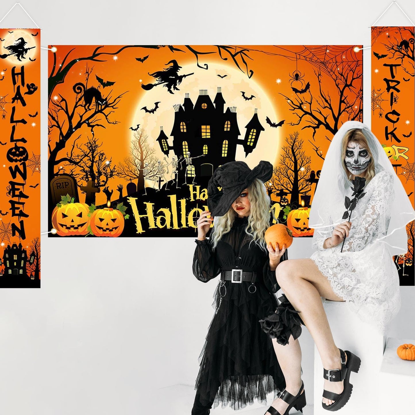Avezano Halloween Decorations 3Pcs Happy Halloween Banner Trick or Treat Porch Signs Halloween Door Banner Halloween Party Decor
