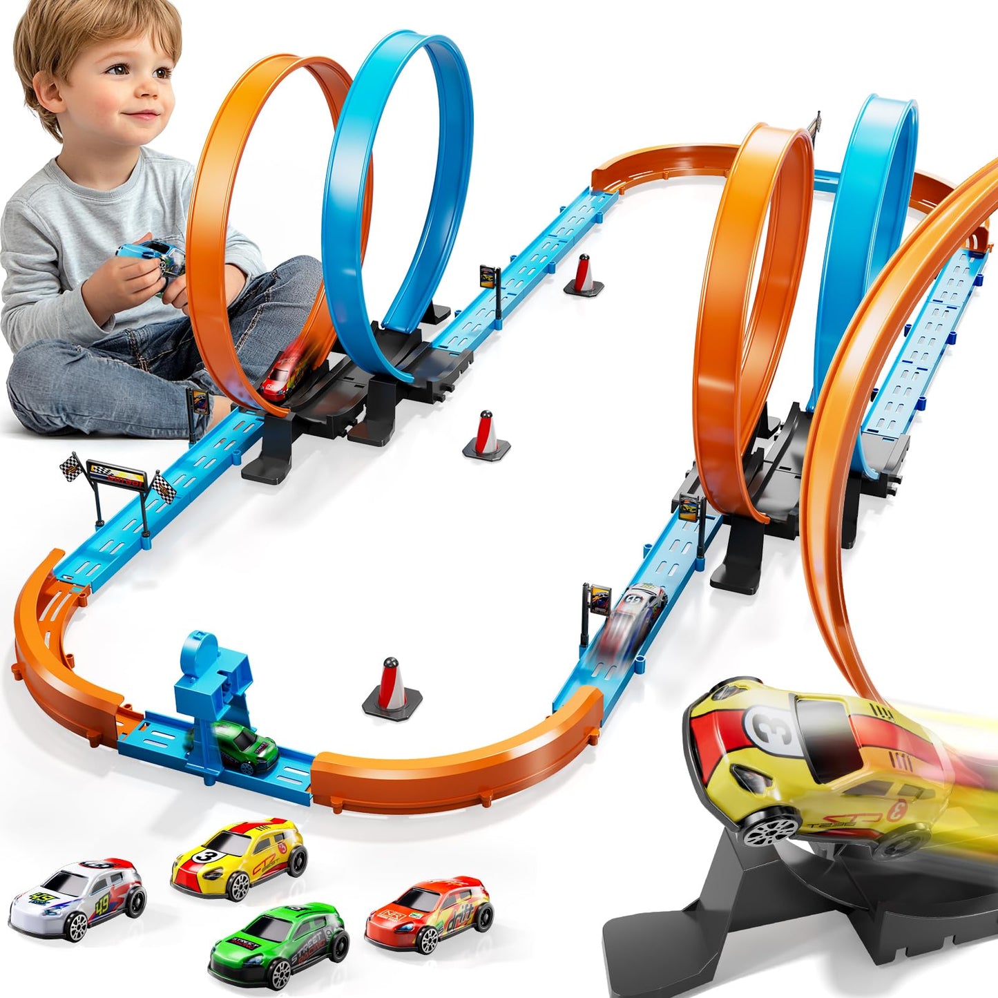 Lilybuds Toy Car Race Track Set For Boys Kids Age 3-5 4-7, Race Tracks With 4 Crash Zones And 1:64 Scale High-Speed Slot Cars, C