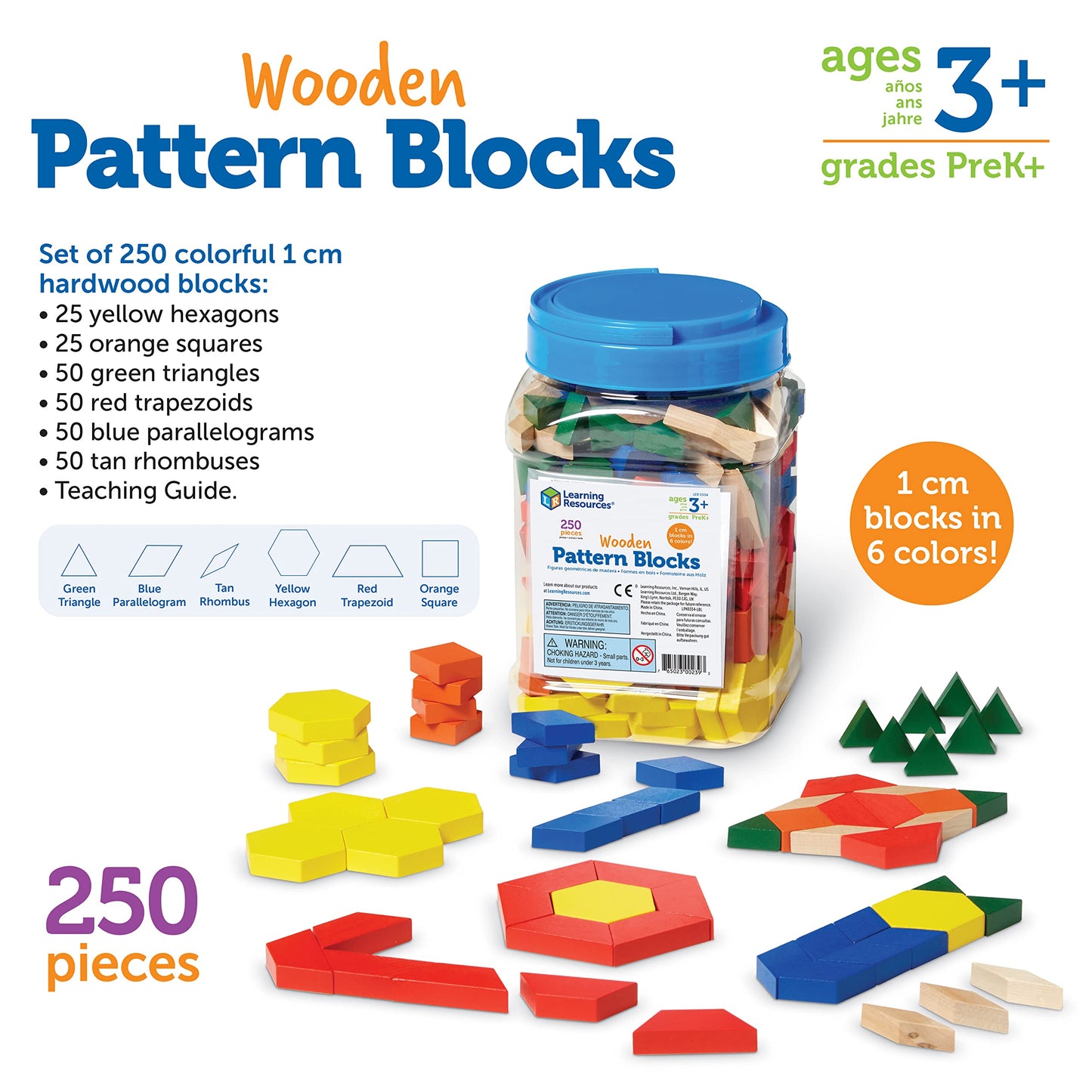 Learning Resources Wooden Pattern Blocks, Early Math Concepts, Set Of 250, Ages 3+