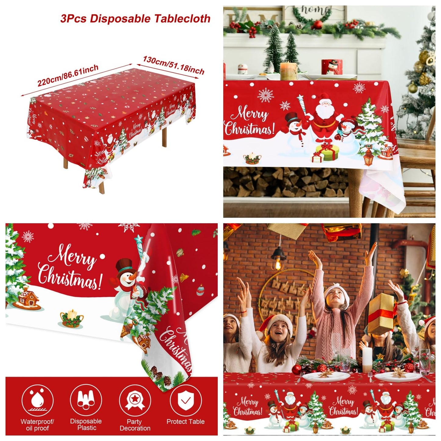 Staraise 3PCS Christmas Tablecloth, Red Rectangular Plastic Christmas Tablecloth, Winter Snowflake Snowman and Santa Claus Dispo