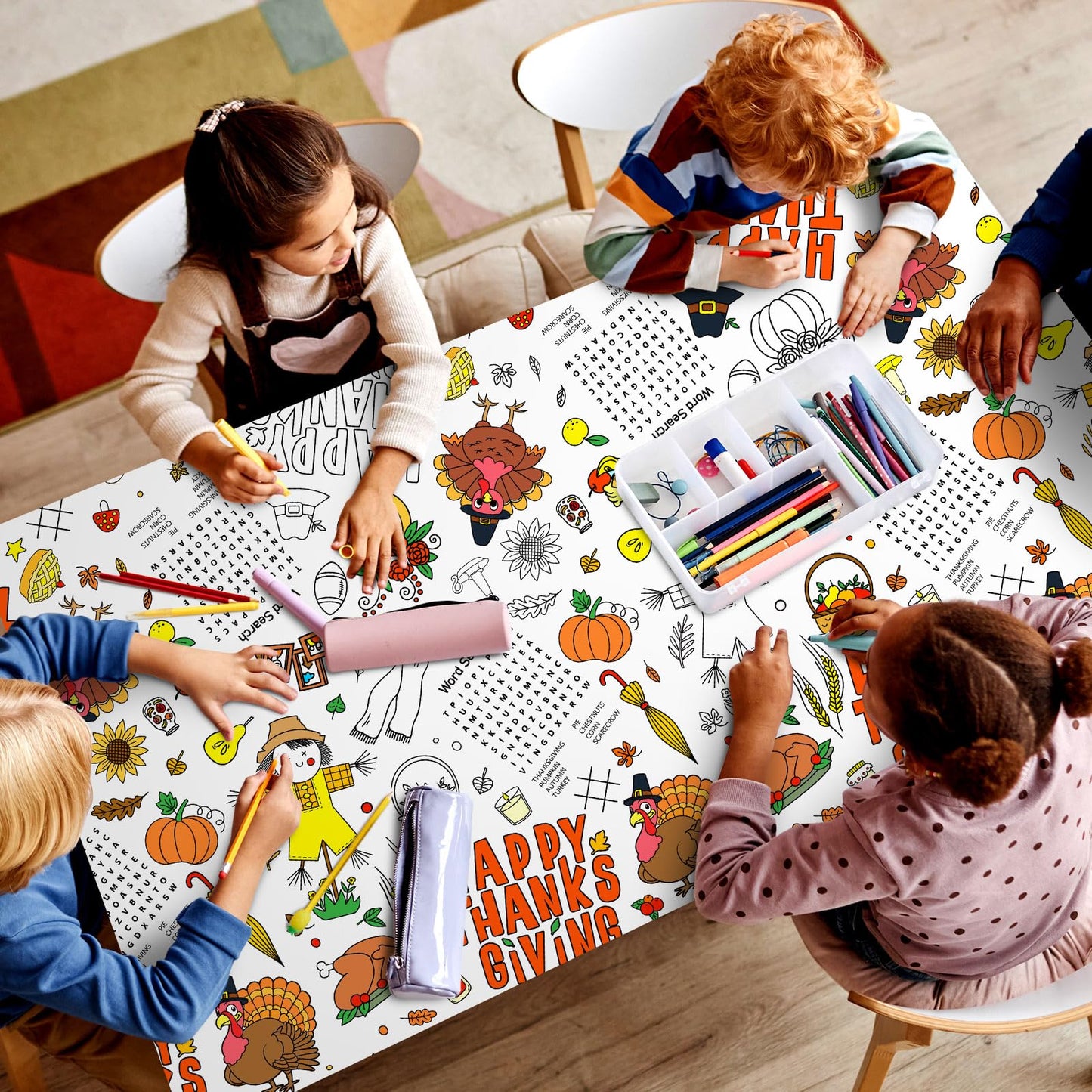 Windkream 4 Pcs 108 x 54 Inch Kids Giant Happy Thanksgiving Coloring Tablecloth Disposable Jumbo Paper Tablecloth for Coloring B