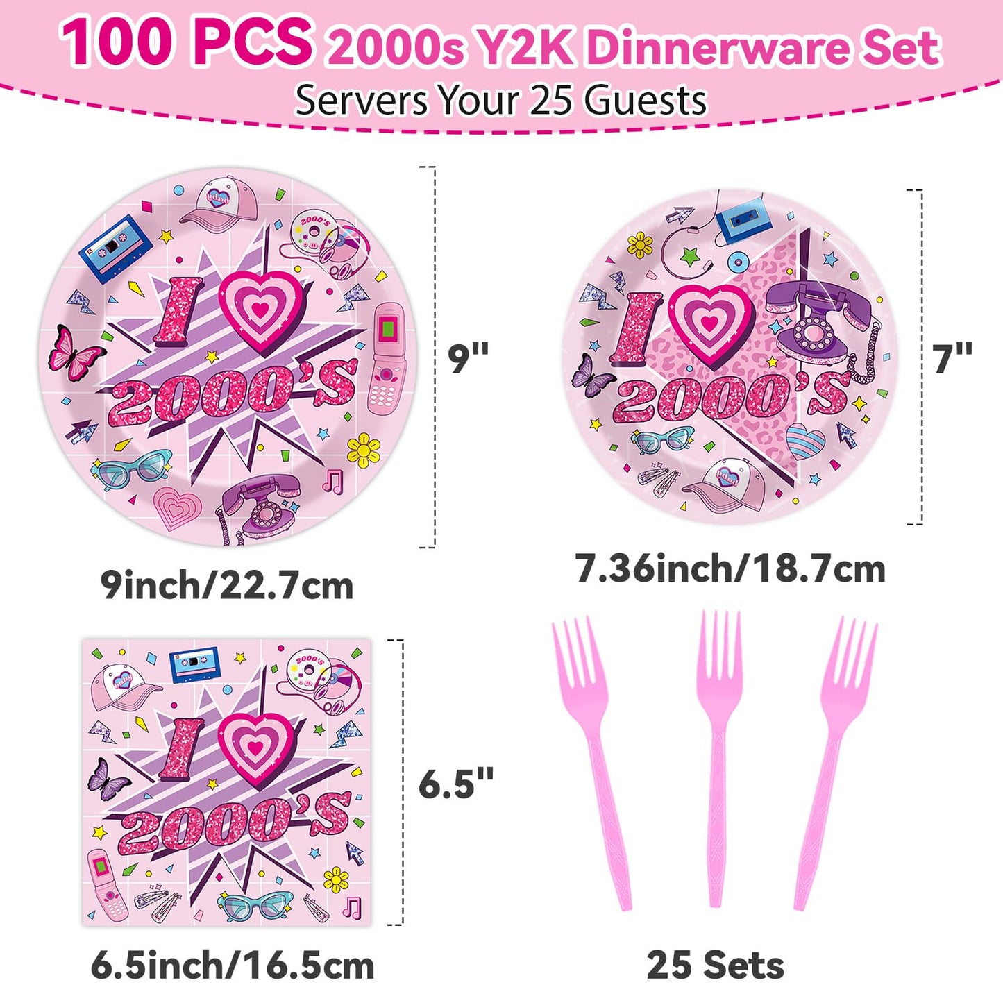Qyeahkj 100Pcs 2000S Party Supplies Pink Y2K Party Paper Plates And Napkins Disposable 2000S Theme Party Tableware Dinnerware Se