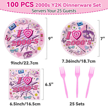 Qyeahkj 100Pcs 2000S Party Supplies Pink Y2K Party Paper Plates And Napkins Disposable 2000S Theme Party Tableware Dinnerware Se