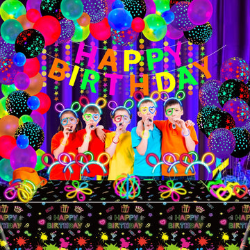 LKITMIUT 173 Pack Glow Neon Party Supplies - Glow Sticks, Fluorescent Banner, Neon Garlands, Balloons & Tablecloth for Black Light Decor