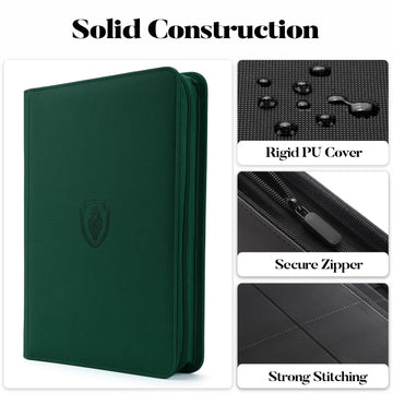 9 Pocket Zipper Card Binder Fabmaker 360 Trading Card Holder Book enhanced PU Cover Zip Binder for Cards Durable Side Loading Card Folders Album for MTG TCG Game Cards Sports Cards Dark Green