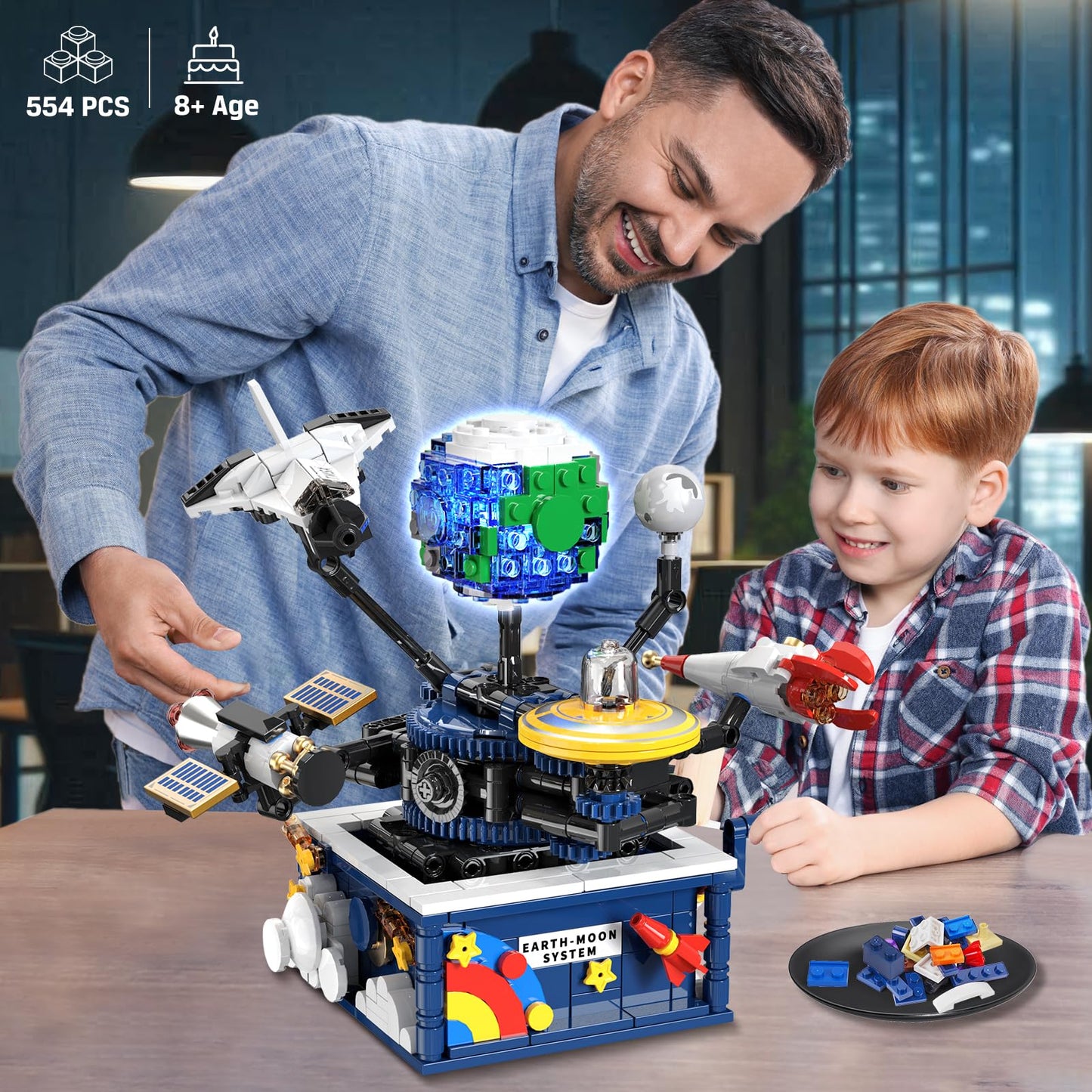 Cubimana Planet Rotatable Space Sets With Light - Earth & Moon Space Exploration Building Toys With Shuttle Spaceship Science Ki