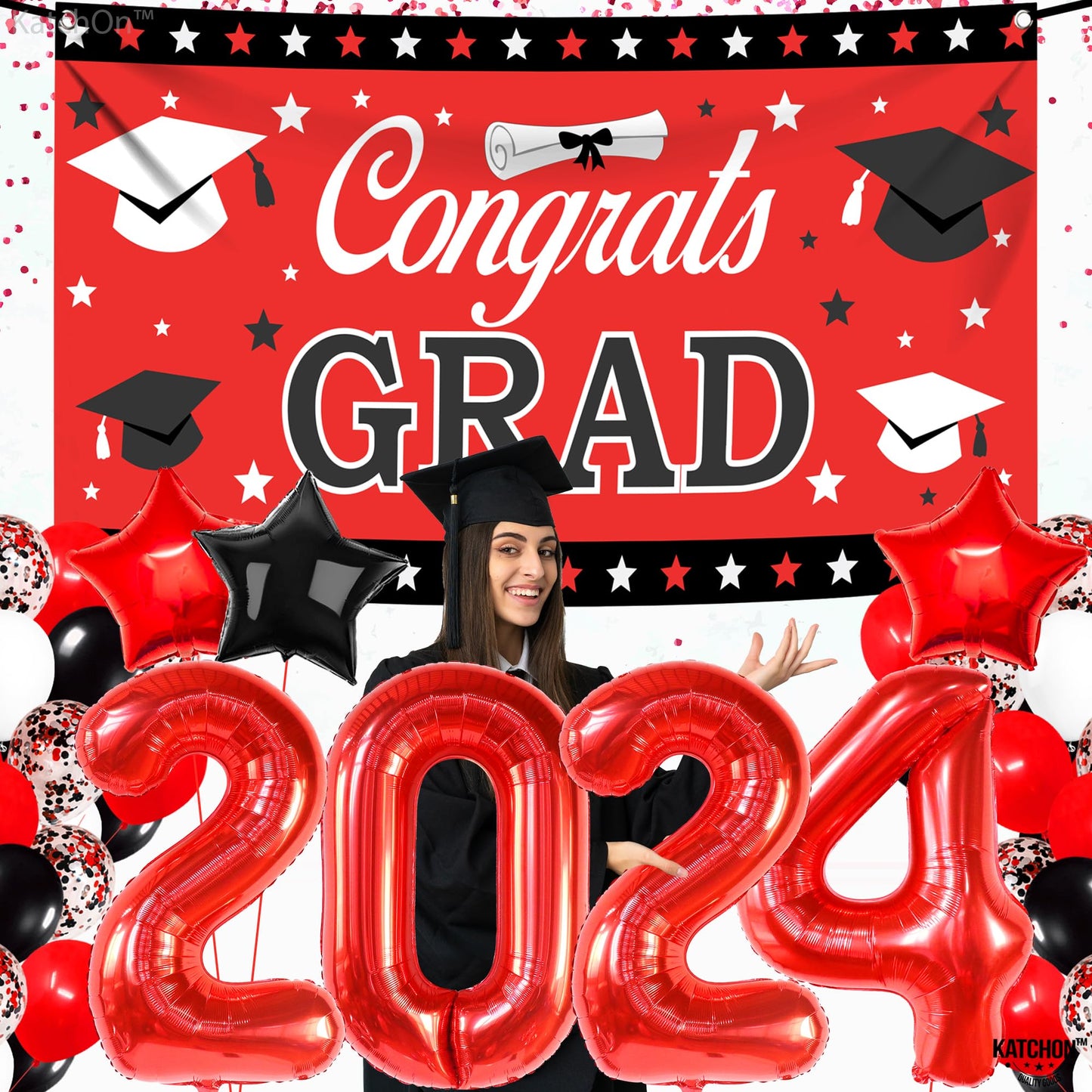 Katchon, Red And Black Graduation Decorations 2025 Set - Pack Of 40 | Red 2025 Balloons, Congrats Grad Banner | Graduation Decorations Class Of 2025 Red And Black | 2025 Graduation Party Decorations