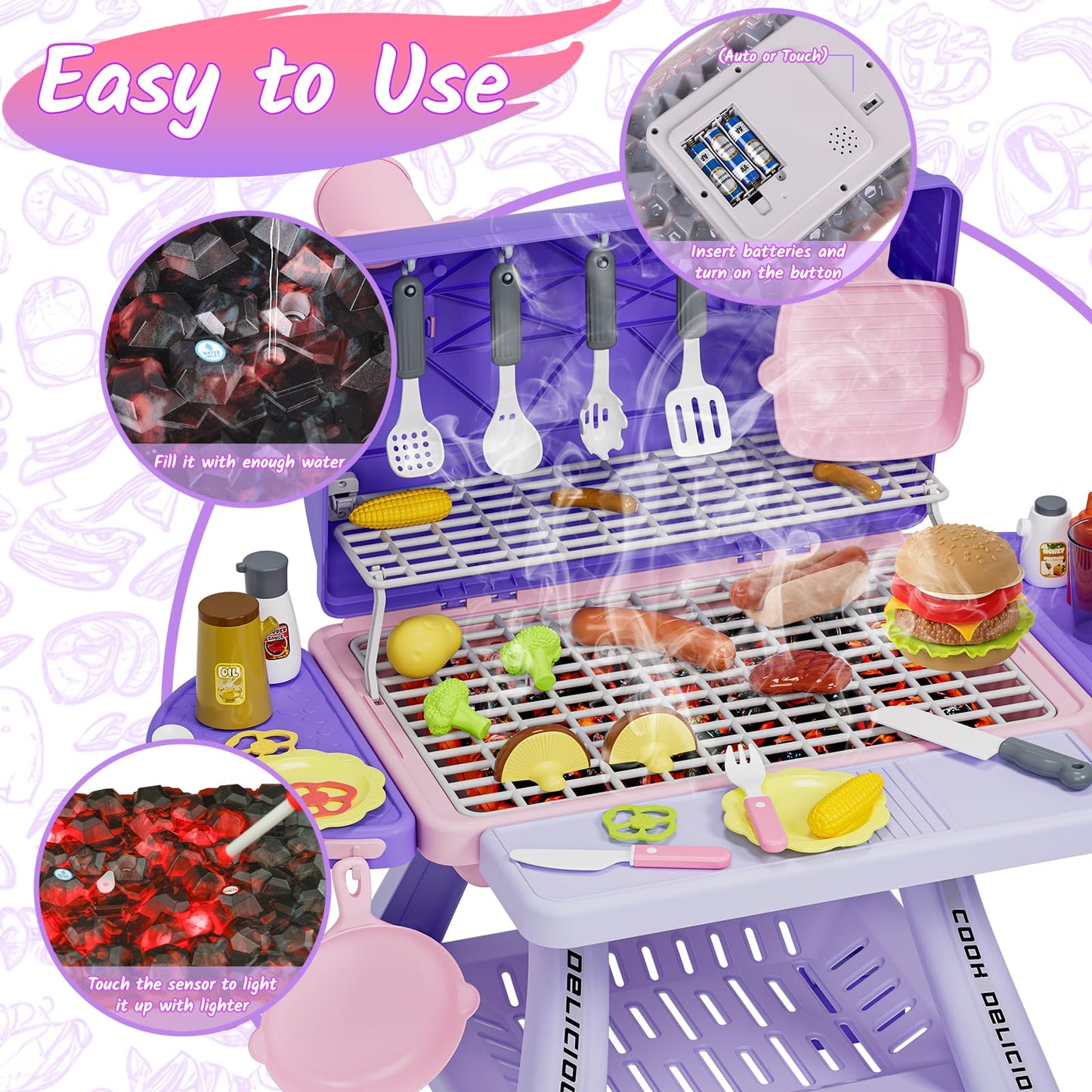 Newest Kids BBQ Grill Playset, Outdoor Cooking Sets with Smoke, Sound&Light, Toy Grill for Girls, Pretend Food Hamburger, Kitche