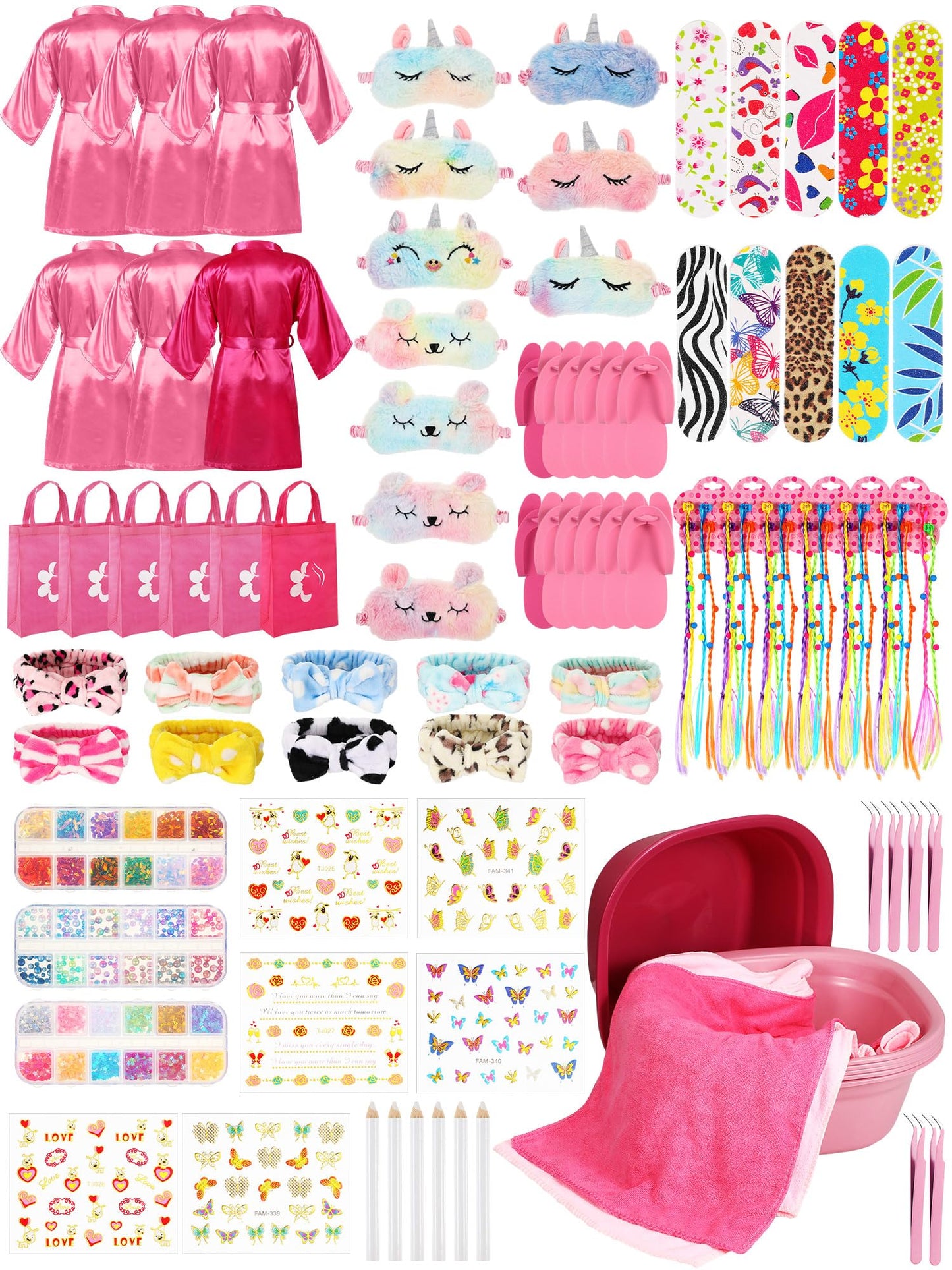 Suhine 6 Set Spa Party Supplies For Girls, Kids Satin Robes Nail Salon Kit Spa Kit Accessories For Birthday Party Favors (Pink,