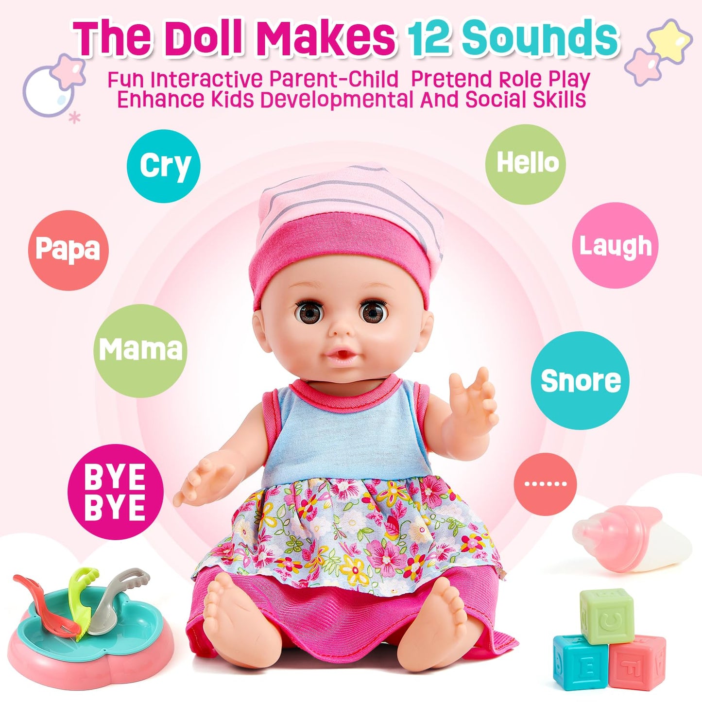Golray 12In Girl Baby Doll Crib And High Chair Set - Sound&Pee Interactive Baby Doll With 20Pcs Accessories Diaper Bag/Cradle/2 Clothes, Feeding Nursery Pretend Play Toddler Girl Toy Gift 3 4 5 6 Year