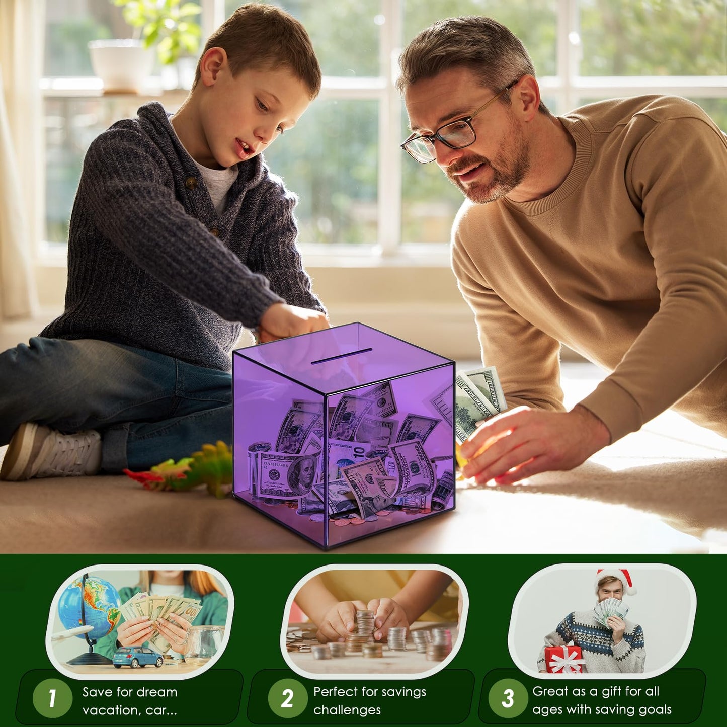 Piggy Bank for mature-themeds Must Break to Open Vcertcpl Acrylic Clear Piggy Bank Money Saving Box for Cash Saving Unopenable mature-themeds Bank for Real Money Bank Coin Bank Change Jar (Purple 15x15CM)