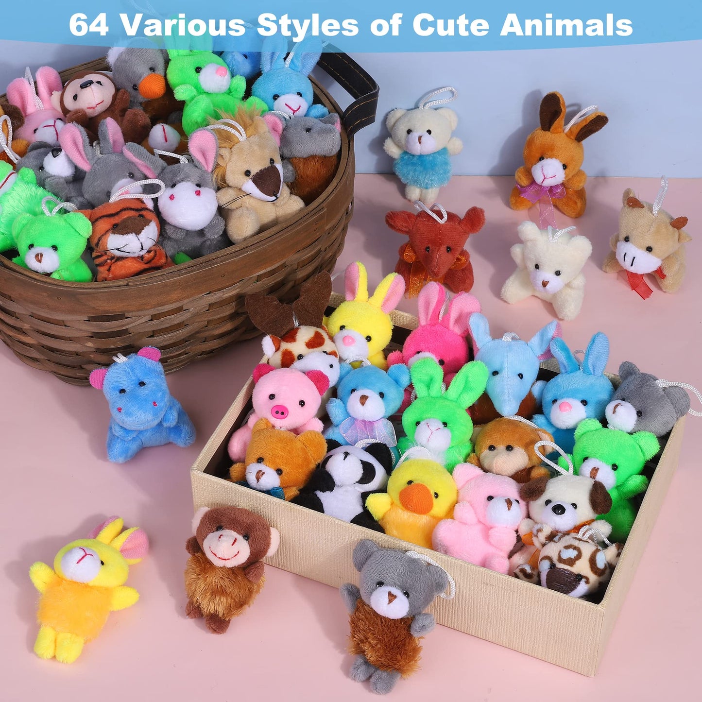 Fovths 64 Pieces Mini Plush Animals Toys Set Cute Small Stuffed Animal Keychain Jungle Animal Decor Goodie Bag Basket Fillers Fo