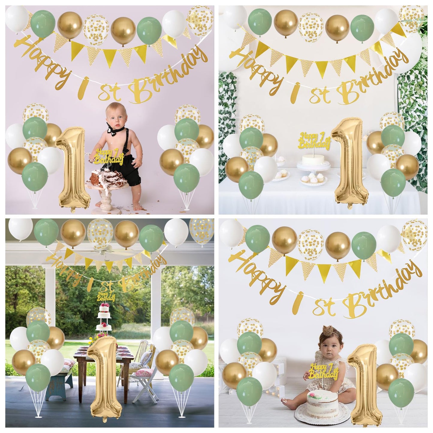 1St Birthday Decorations For Boys Girls, Sage Green White Gold Birthday Balloons With Happy 1St Birthday Banner First Birthday C