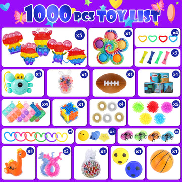 1000Pcs Bulk Party Favors For Kids, Fidget Toys Pack,Stocking Stuffers, Treasure Box Chest, Birthday Party, Classroom Carnival P