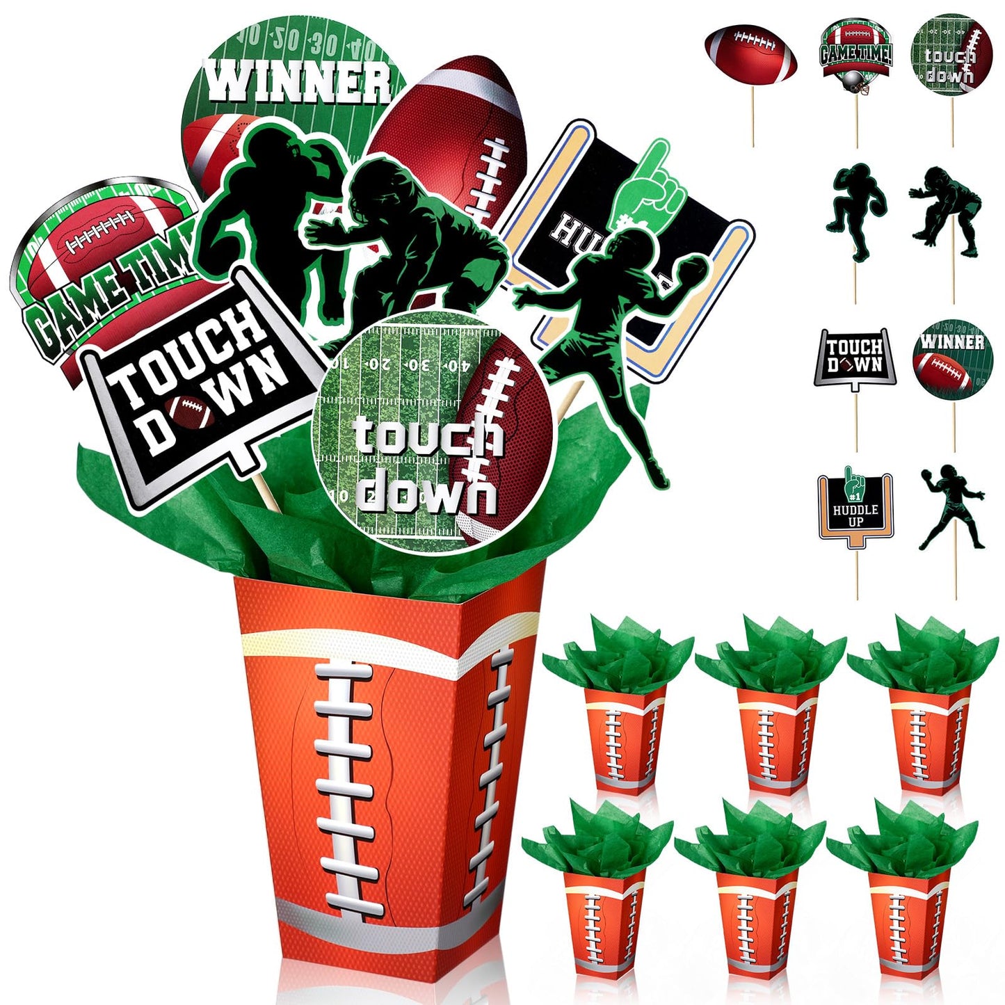 Marspark 6 Sets 54 Pcs Football Party Centerpieces Decorations Sports Themed Table Toppers with Box Football Cutouts and Sticks