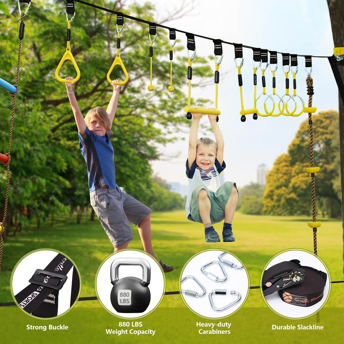 Ninja Line 2X65Ft Ninja Warrior Obstacle Course For Kids - Ninja Slackline With 14 Obstacles - Ninja Course For Kids With Swing,