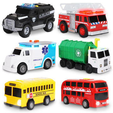 Playkidiz Toy Cars For Toddlers - 6Pcs Pull Back Cars Toys With Light And Sounds, City And Emergency Vehicles Set, Including Pol