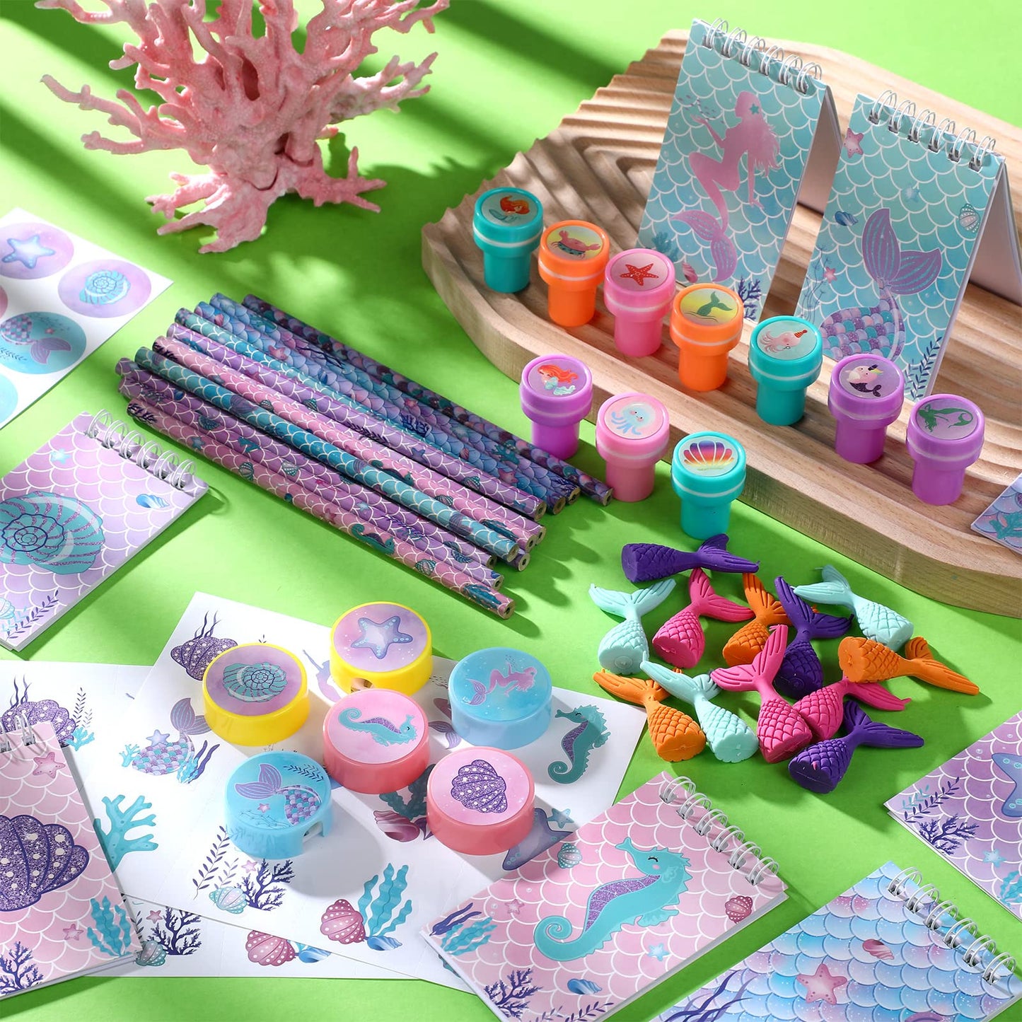 Faccito Mermaid Party Favors Mermaid School Stationery Set Class Reward Gift Notebooks Pencils Sharpener Erasers Stickers Sharpe