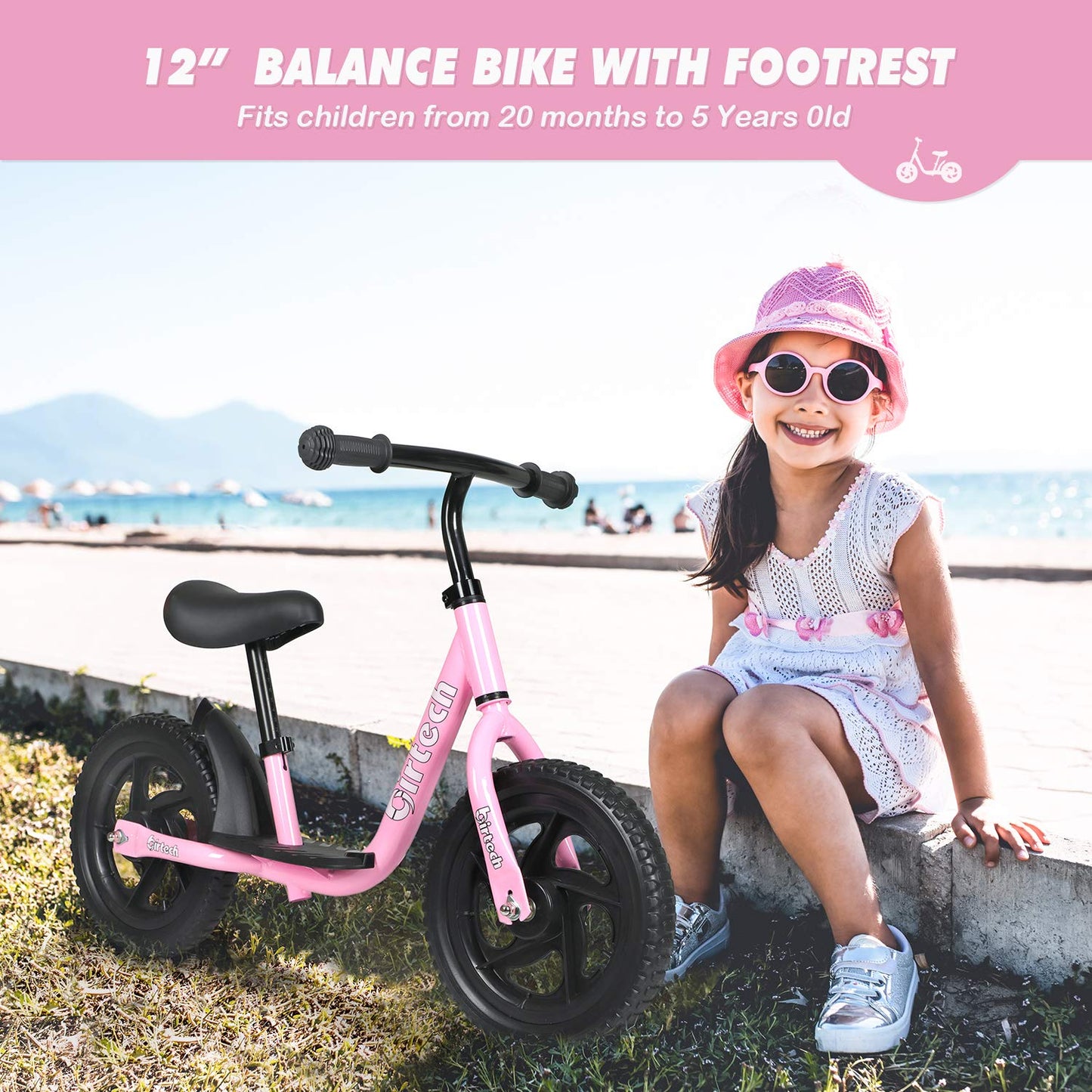 Birtech Balance Bike For 2-5 Year Old, 12 Inch Toddler Bike No Pedal Training Bicycle With Adjustable Seat Height, Airless Tire (Pink)